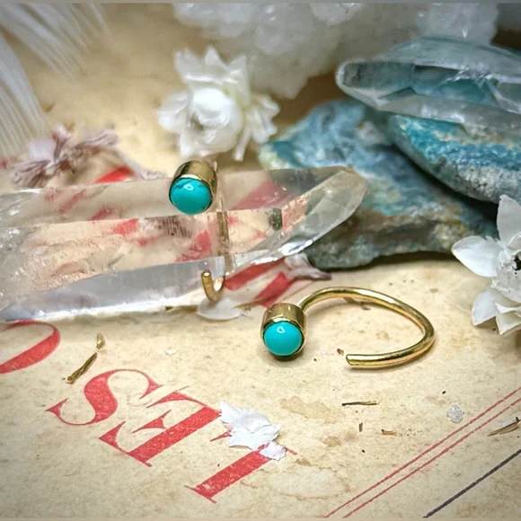 18k Gold Plated Sterling Silver Dry Creek Turquoise Huggie Hoop No Back Earrings - Picture 11 of 11